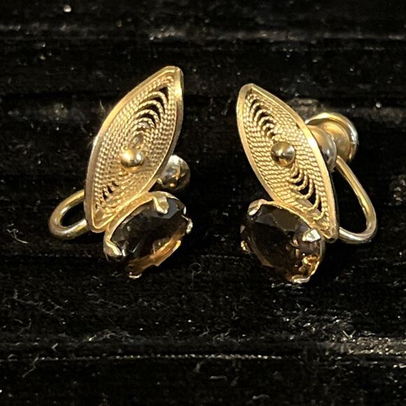 Vintage 1/20 12k Gold Filled Filigree Smoky Quartz Screw Back Earrings - Picture 1 of 6